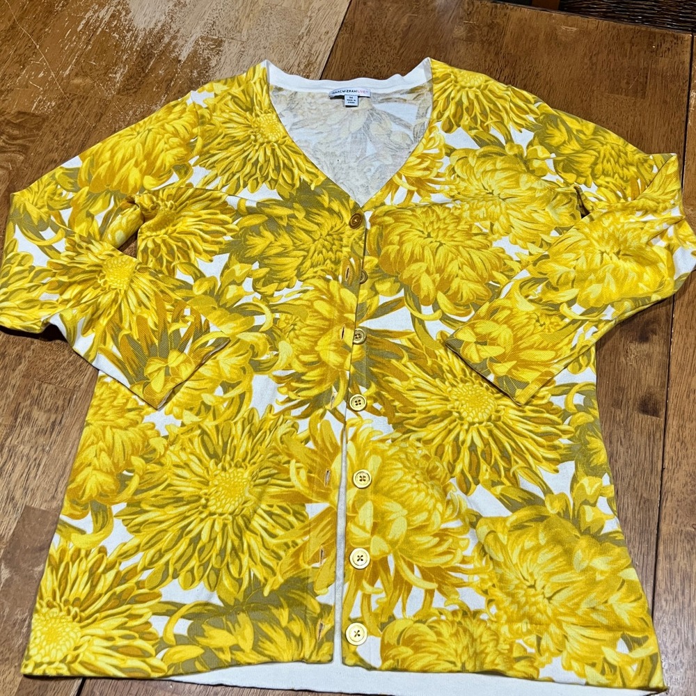 Isaac Mizrahi Live! Yellow Floral Cotton Cardigan Sweater Button Front Women's M